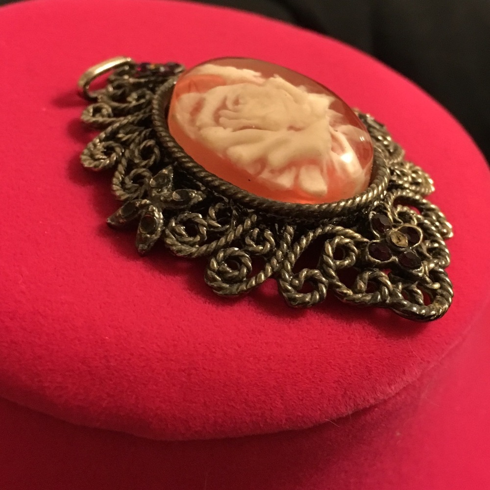 Vintage Floral Cameo Pendant | Coral & Cream Rose Cameo | Ornate Filigree - Picture 3 of 5